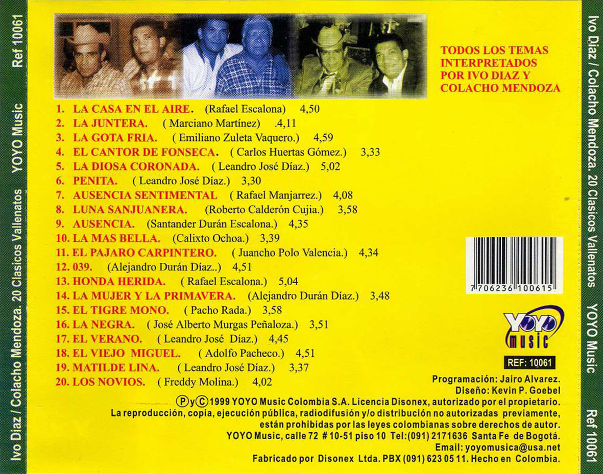 Car�tula Trasera de Ivo Diaz & Colacho Mendoza - 20 Clasicos Vallenatos