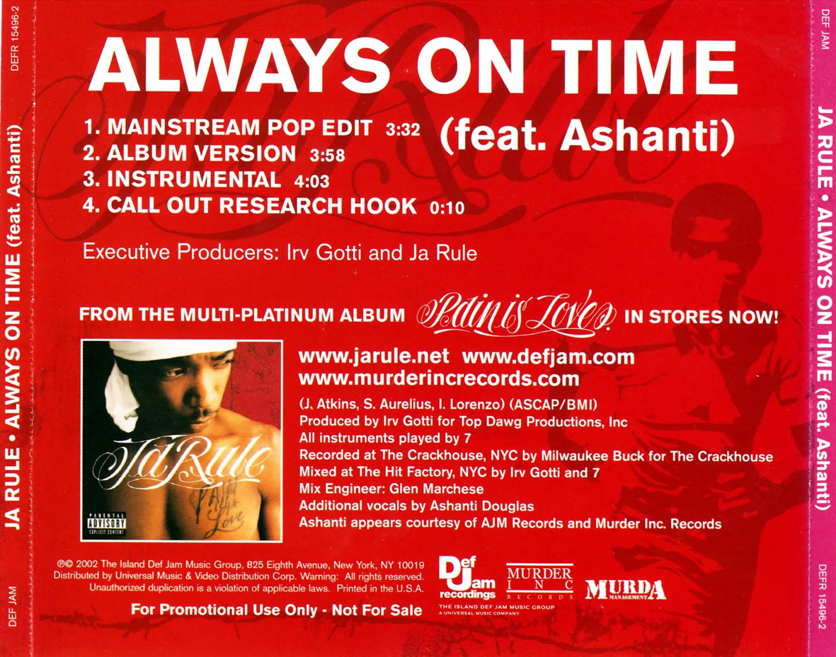 Cartula Trasera de Ja Rule - Always On Time (Featuring Ashanti) (Mainstream Pop Edit) (Cd Single)