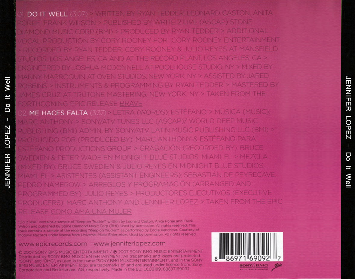 Cartula Trasera de Jennifer Lopez - Do It Well (Cd Single)