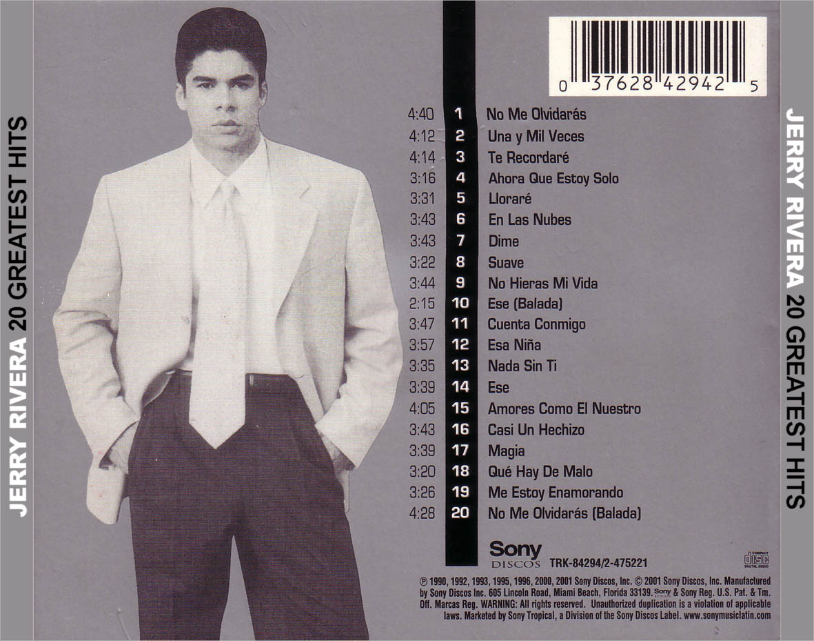 Cartula Trasera de Jerry Rivera - 20 Greatest Hits