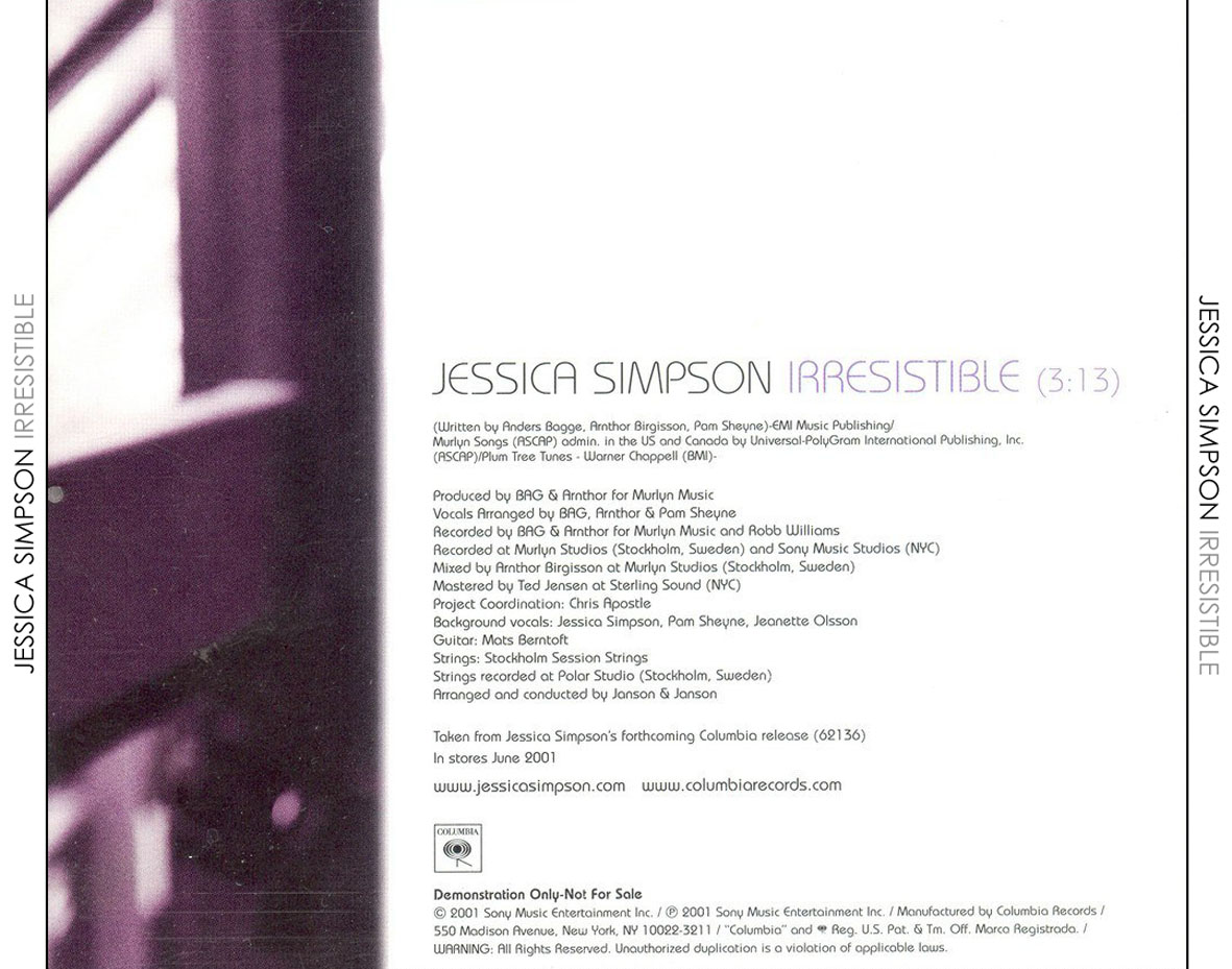 Cartula Trasera de Jessica Simpson - Irresistible (Cd Single)