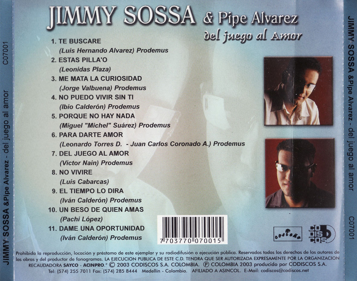 Cartula Trasera de Jimmy Sossa & Pipe Alvarez - Del Juego Al Amor