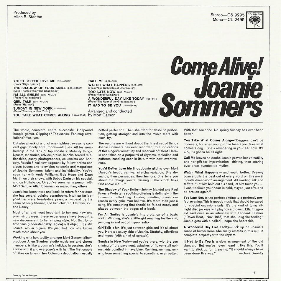 Cartula Interior Frontal de Joanie Sommers - Come Alive! The Complete Columbia Recordings