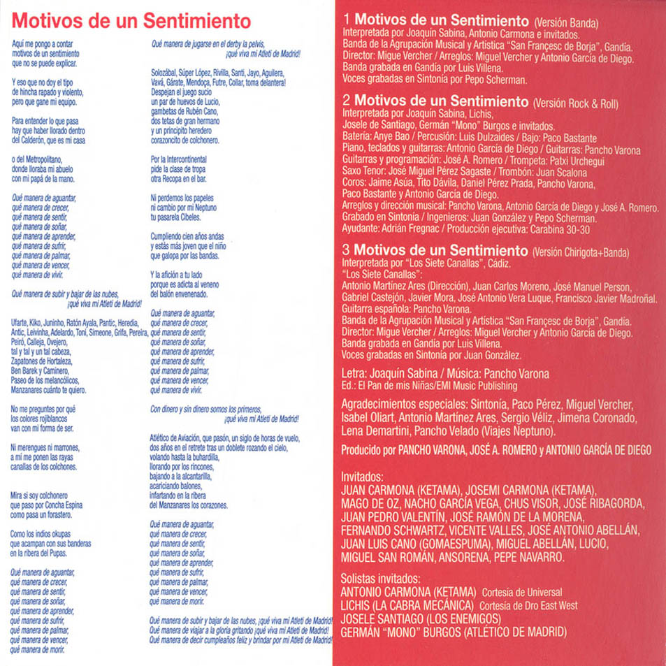 Cartula Interior Frontal de Joaquin Sabina - Motivos De Un Sentimiento