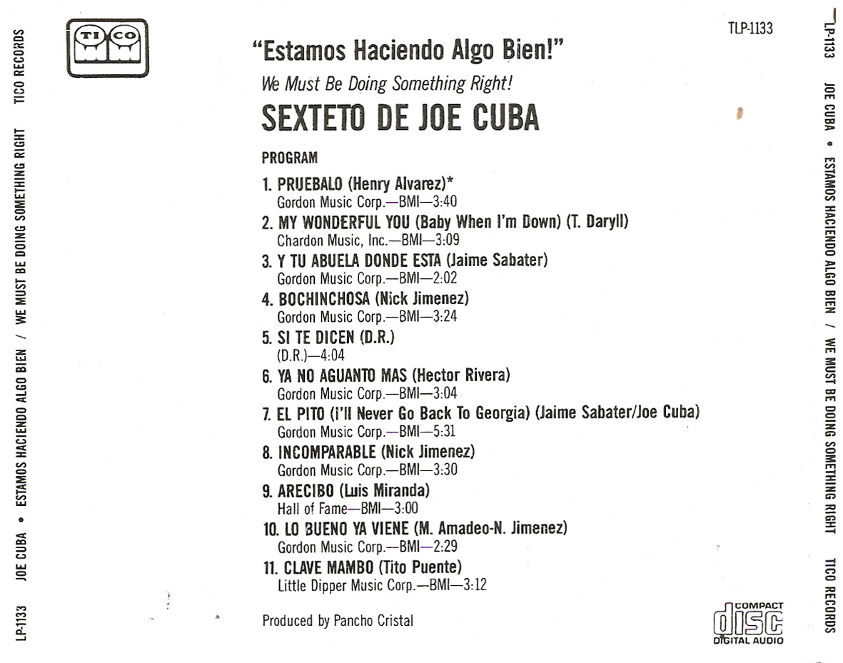 Cartula Trasera de Joe Cuba Sextette - Estamos Haciendo Algo Bien! / We Must Be Doing Something Right!