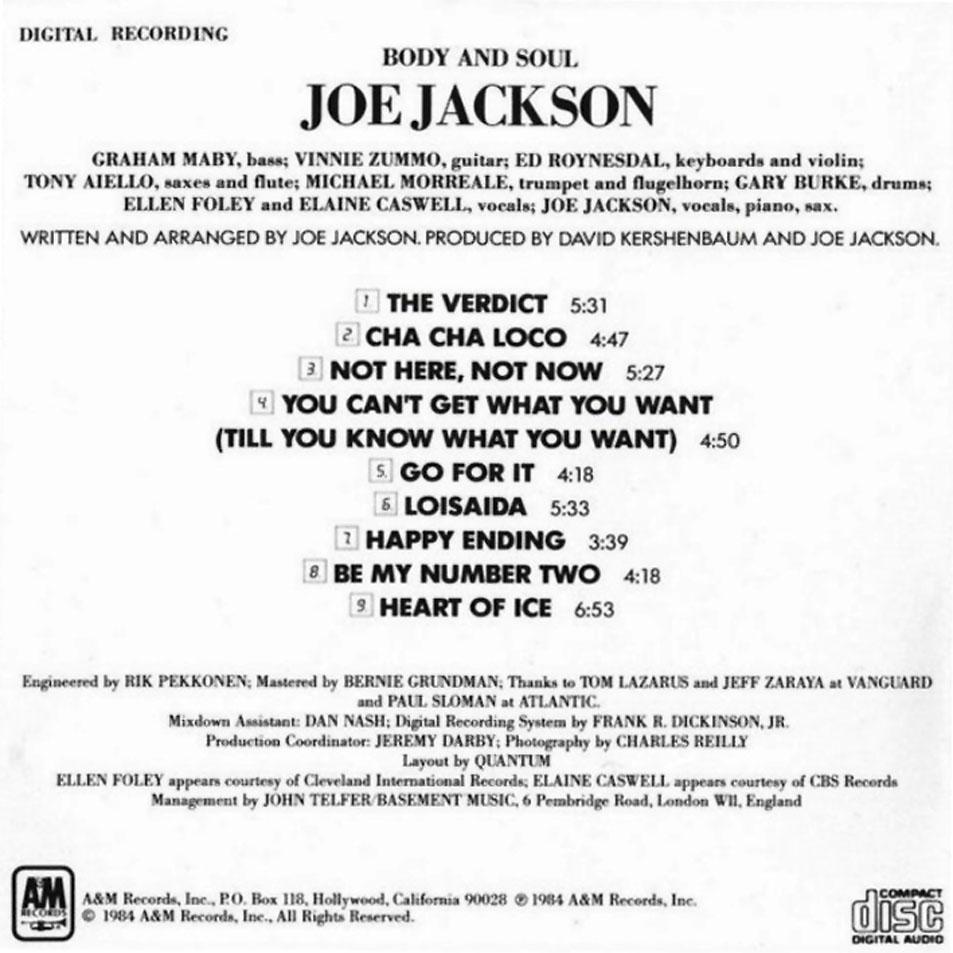 Cartula Interior Trasera de Joe Jackson - Body And Soul