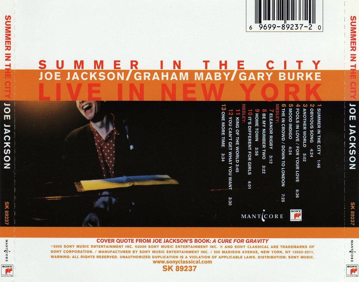 Cartula Trasera de Joe Jackson - Summer In The City: Live In New York
