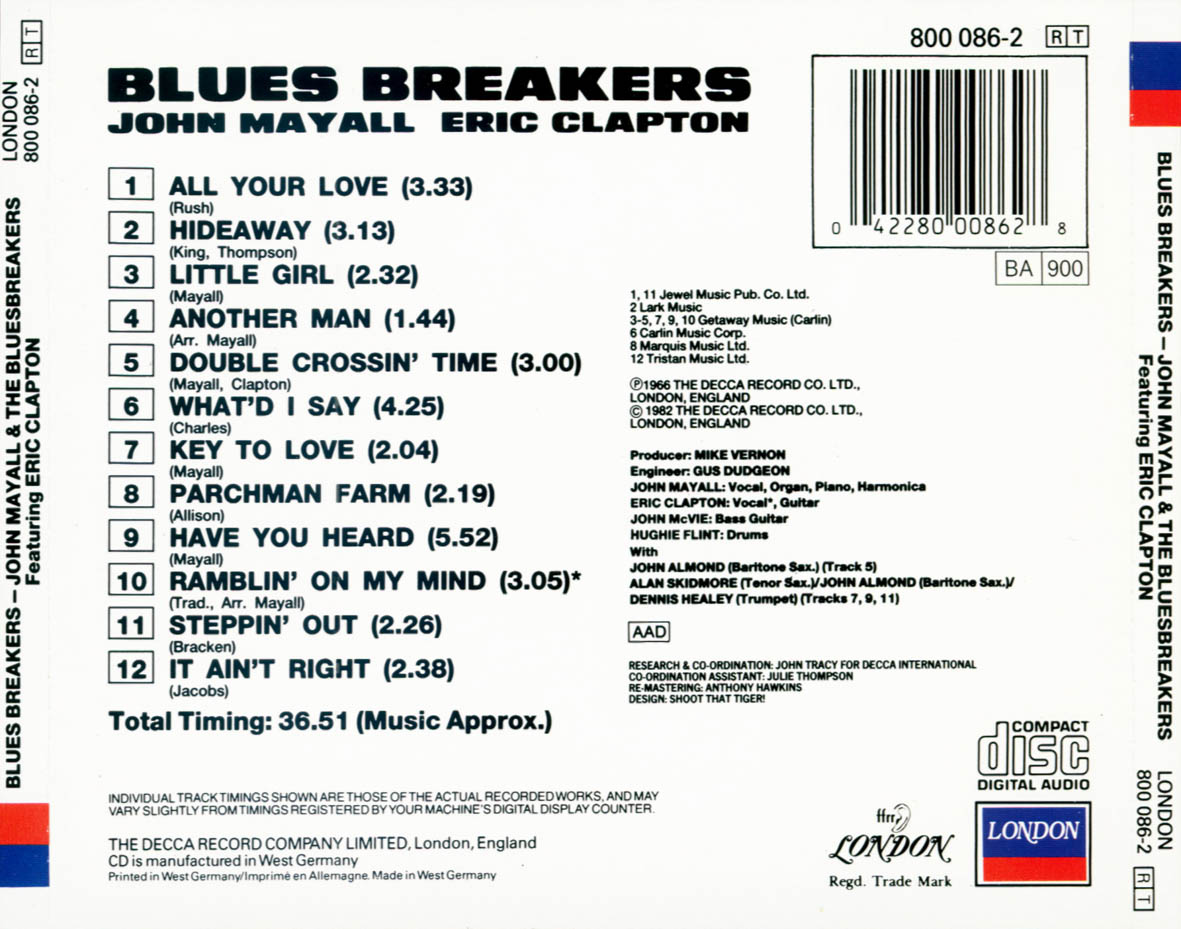 Cartula Trasera de John Mayall & The Bluesbreakers - Blues Breakers (Featuring Eric Clapton)