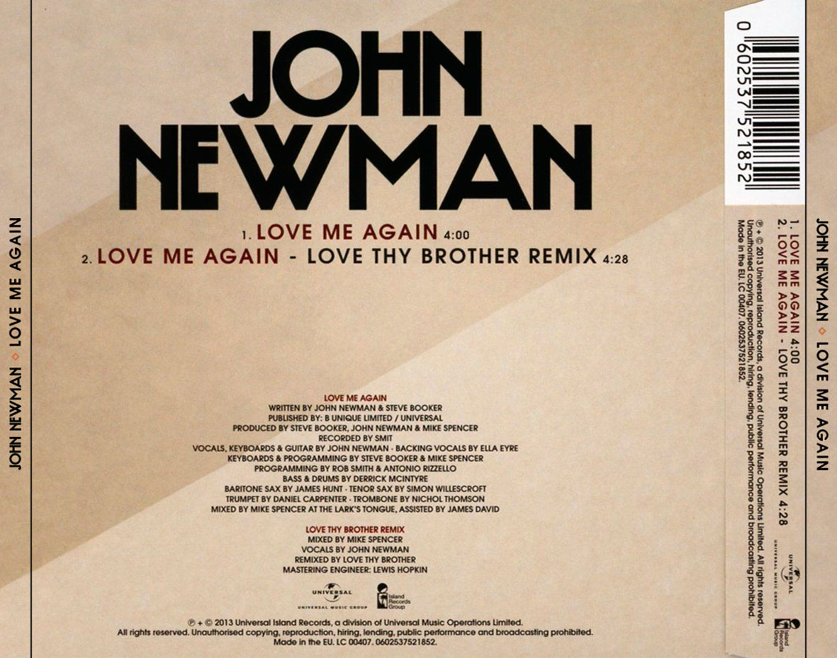 Cartula Trasera de John Newman - Love Me Again (Cd Single)