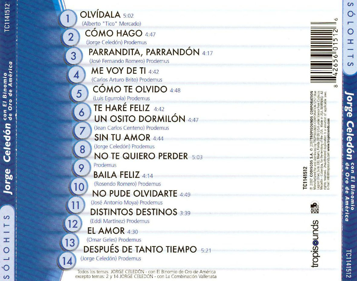 Cartula Trasera de Jorge Celedon & Binomio De Oro De America - Solo Hits
