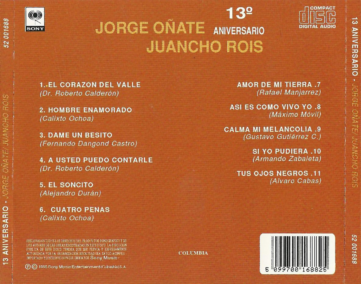Cartula Trasera de Jorge Oate & Juancho Rois - 13 Aniversario
