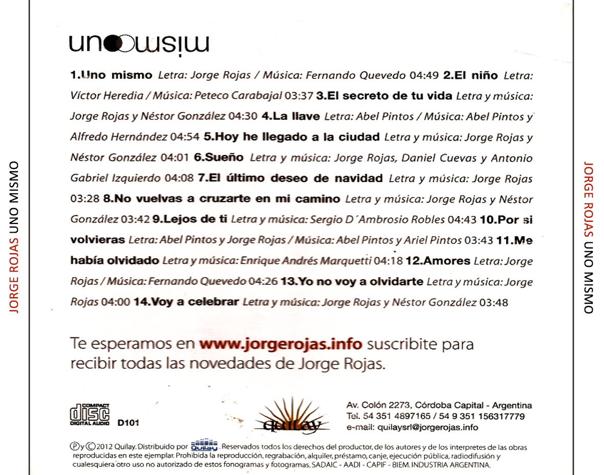 Cartula Trasera de Jorge Rojas - Uno Mismo