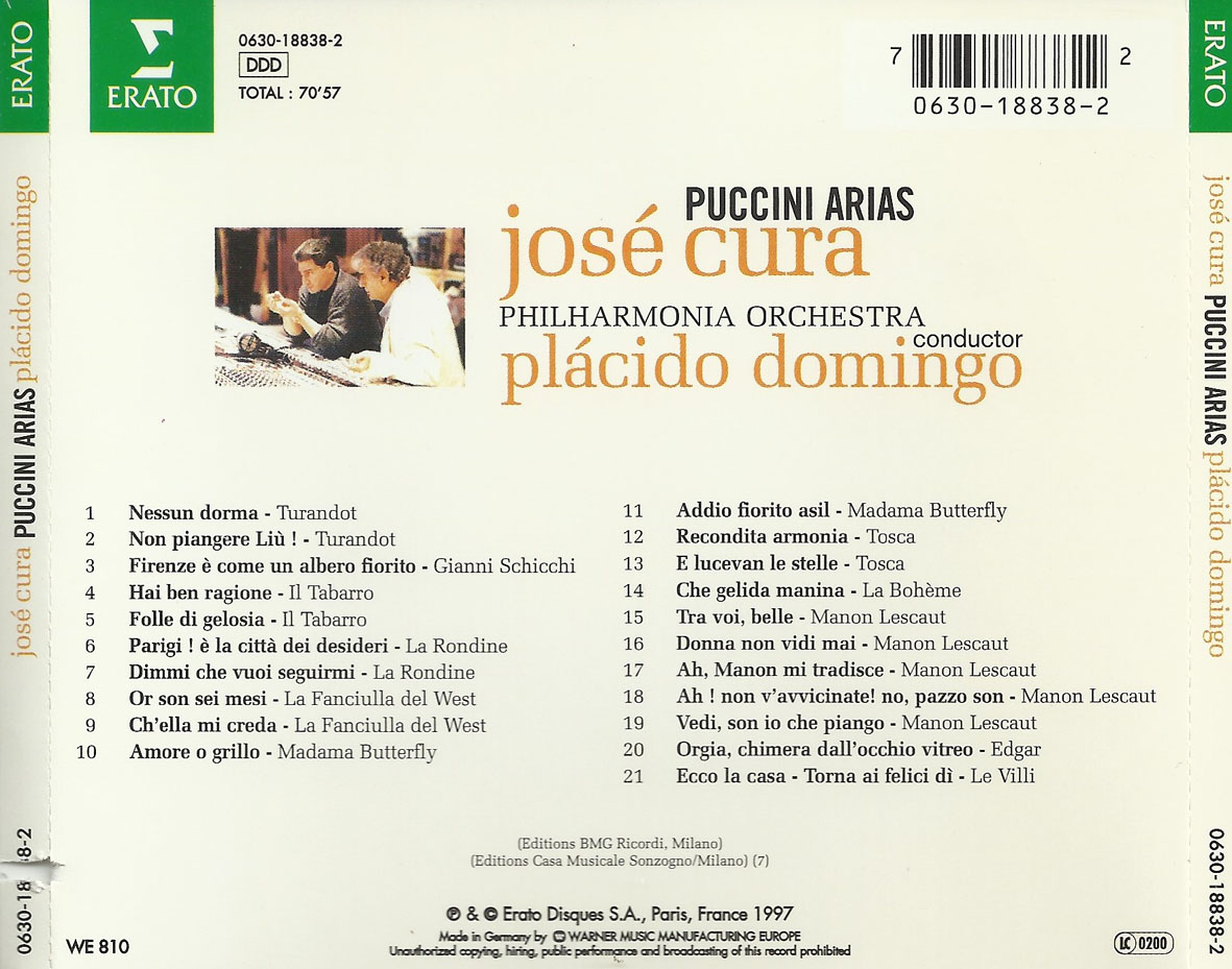 Cartula Trasera de Jose Cura - Puccini Arias