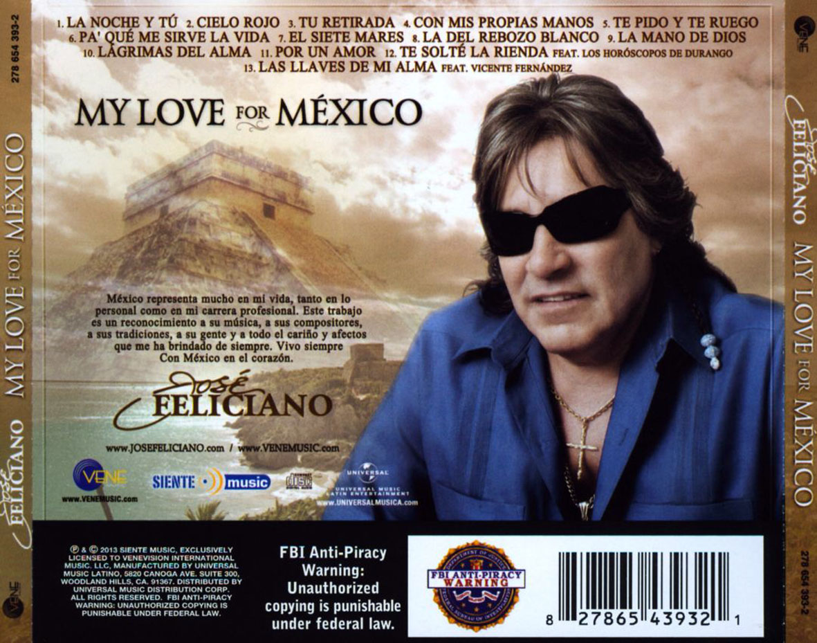 Cartula Trasera de Jose Feliciano - My Love For Mexico