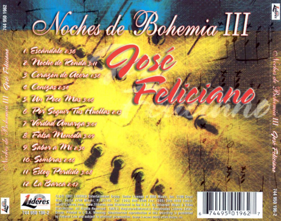 Cartula Trasera de Jose Feliciano - Noches De Bohemia III