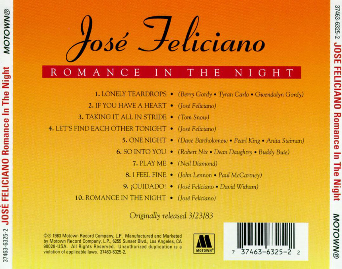 Cartula Trasera de Jose Feliciano - Romance In The Night