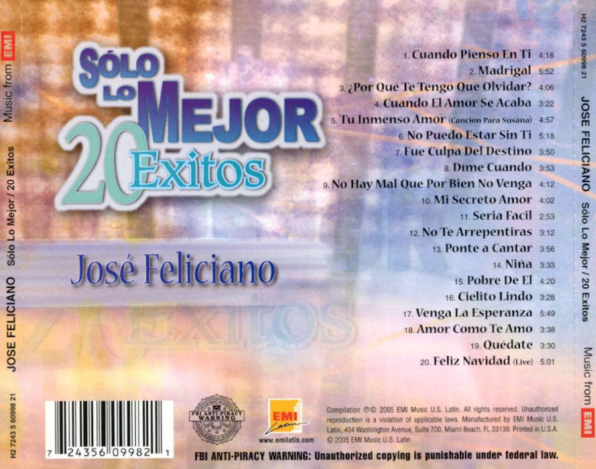 Cartula Trasera de Jose Feliciano - Solo Lo Mejor: 20 Exitos