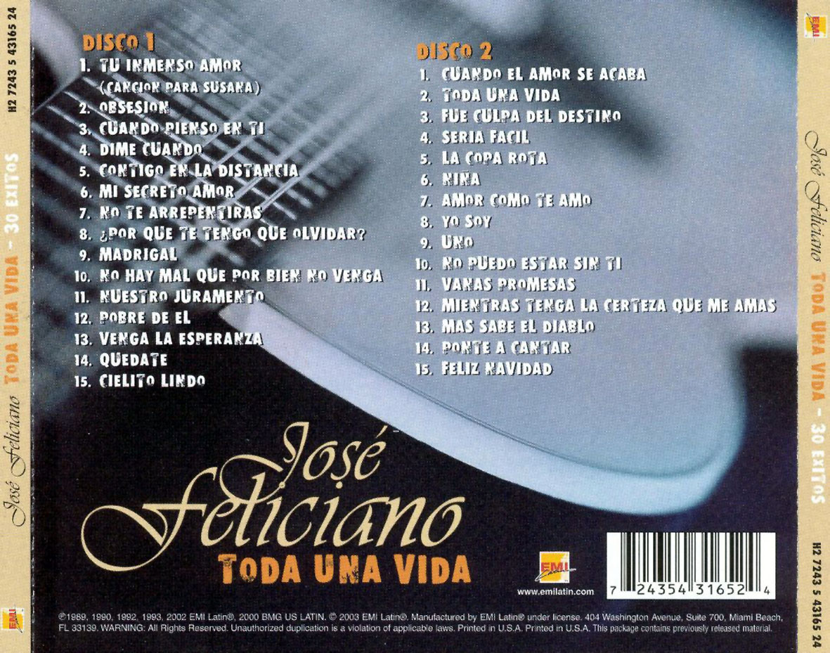 Cartula Trasera de Jose Feliciano - Toda Una Vida: 30 Exitos