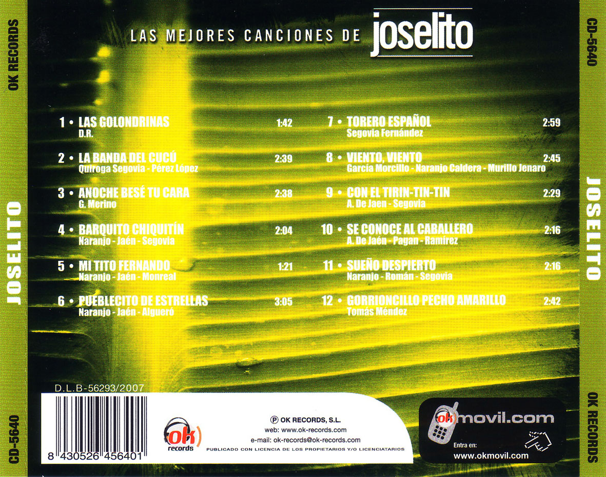 Cartula Trasera de Joselito - Las Mejores Canciones De Joselito 2