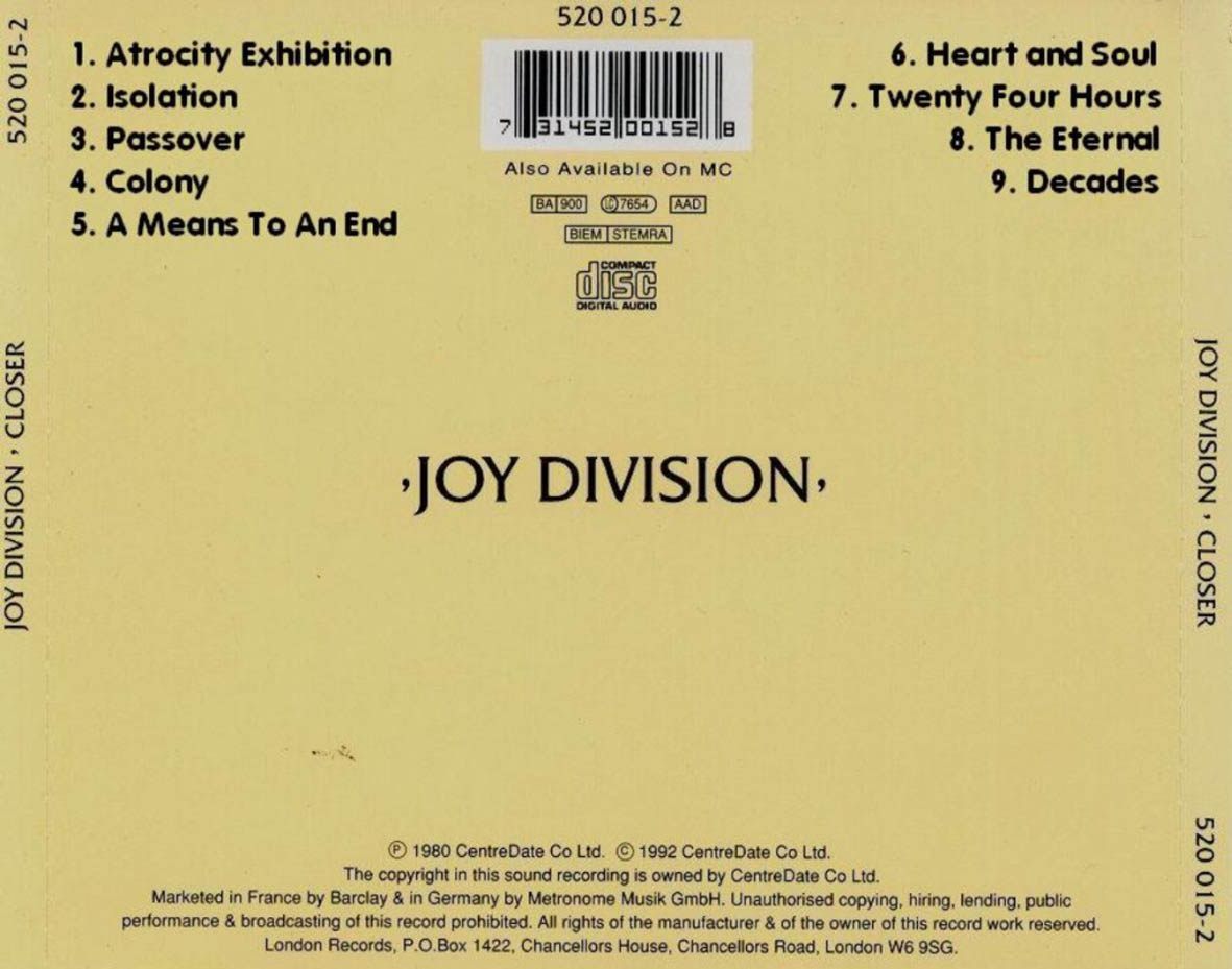 Cartula Trasera de Joy Division - Closer