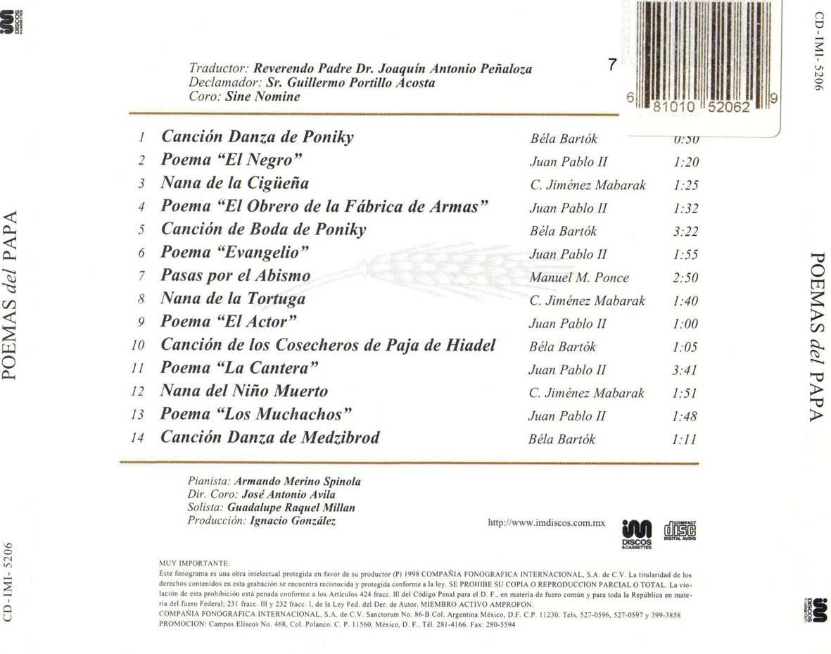 Cartula Trasera de Juan Pablo II - Poemas Del Papa