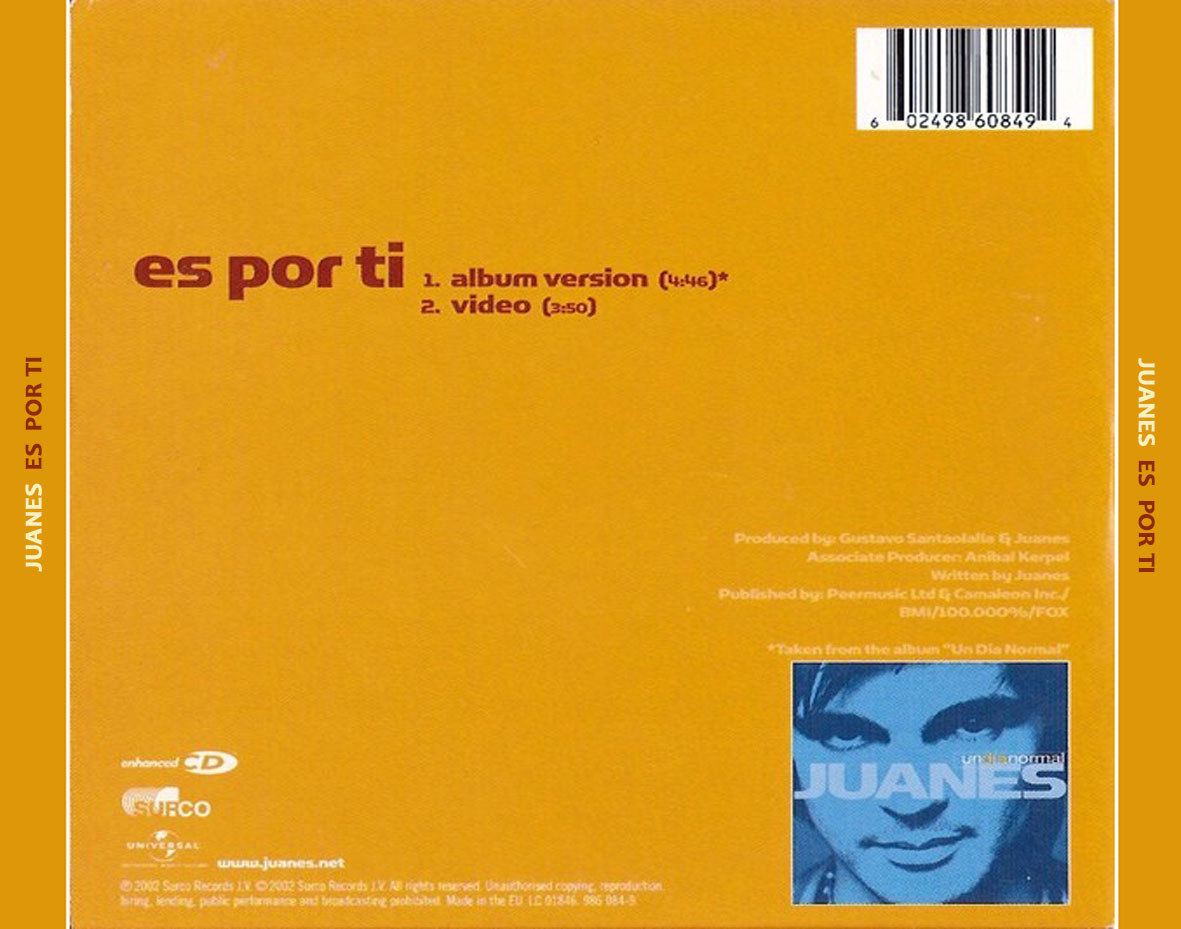 Cartula Trasera de Juanes - Es Por Ti (Cd Single)