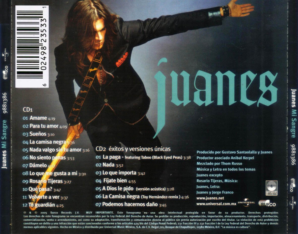 Cartula Trasera de Juanes - Mi Sangre (2 Cd's)