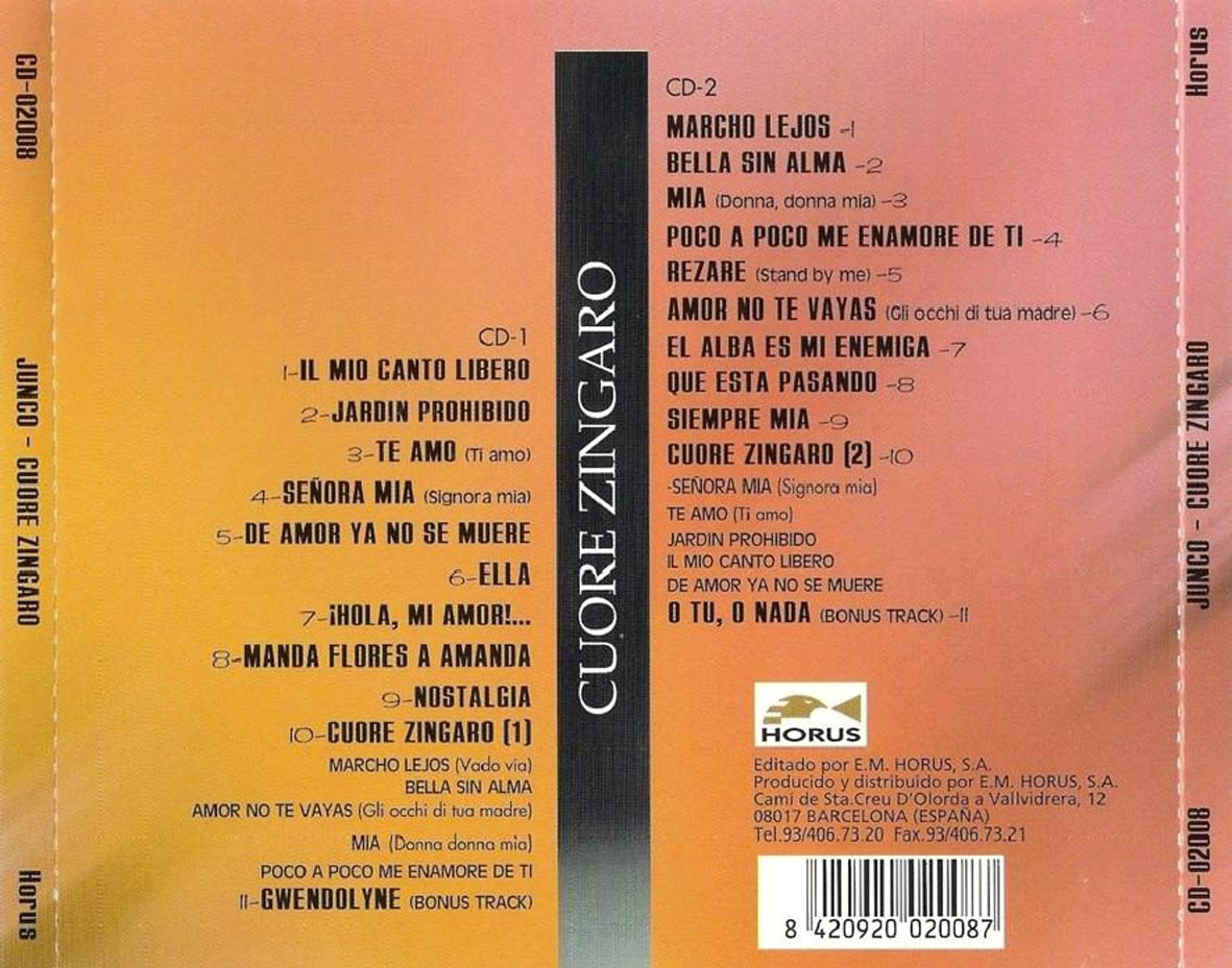 Cartula Trasera de Junco - Cuore Zingaro (Edicion 2 Discos)