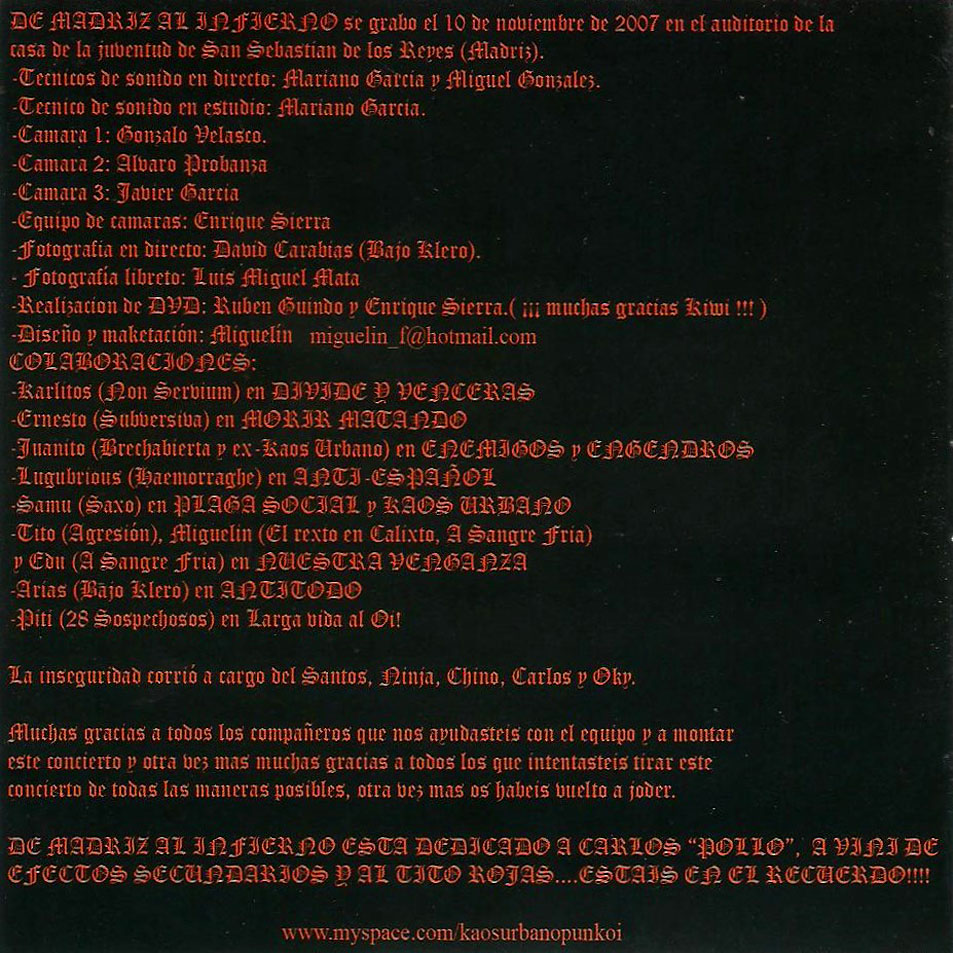Cartula Interior Frontal de Kaos Urbano - De Madriz Al Infierno