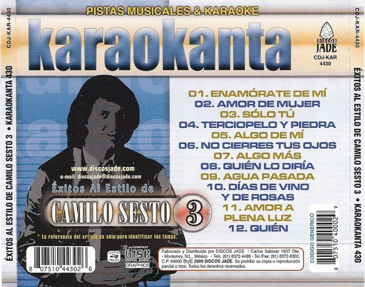 Car�tula Trasera de Karaokanta Exitos Al Estilo De Camilo Sesto 3
