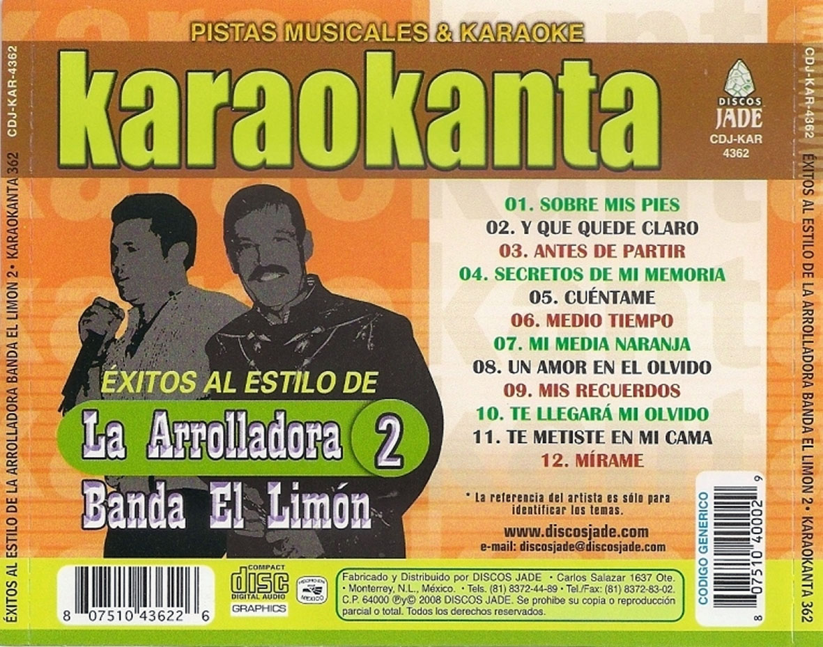 Car�tula Trasera de Karaokanta Exitos Al Estilo De La Arrolladora Banda El Limon 2