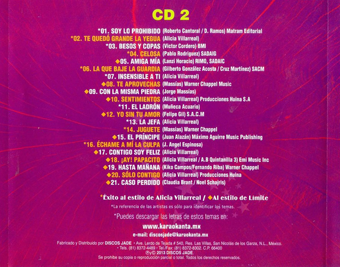 Car�tula Interior Trasera de Karaokanta: Lo Mejor De Selena, Alicia Villarreal Y Limite