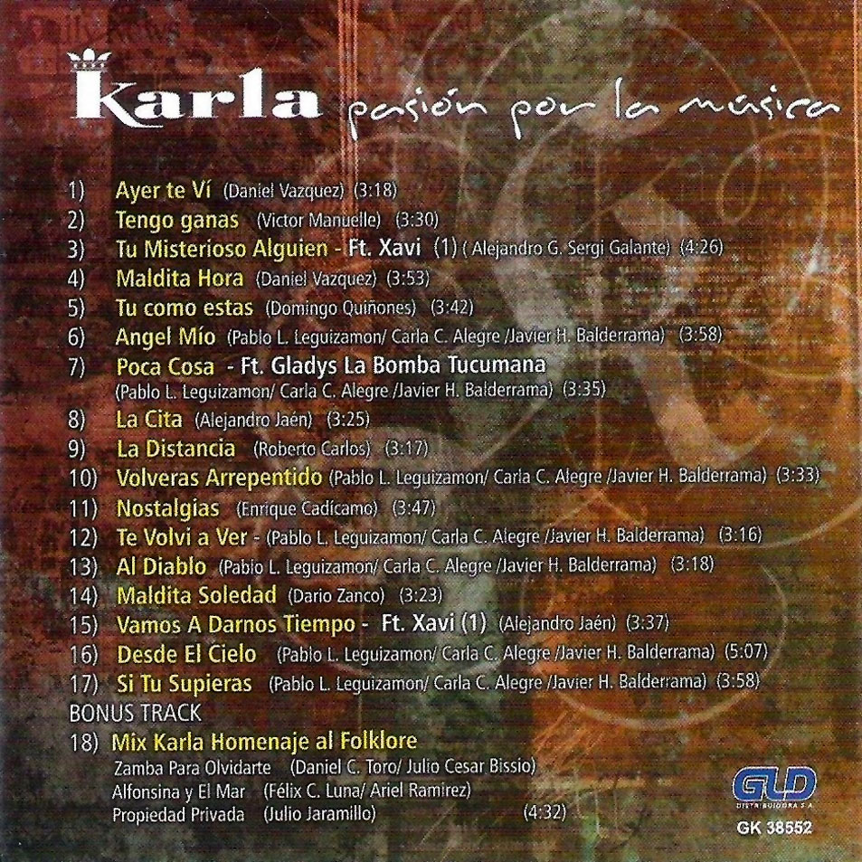Cartula Interior Frontal de Karla - Pasion Por La Musica