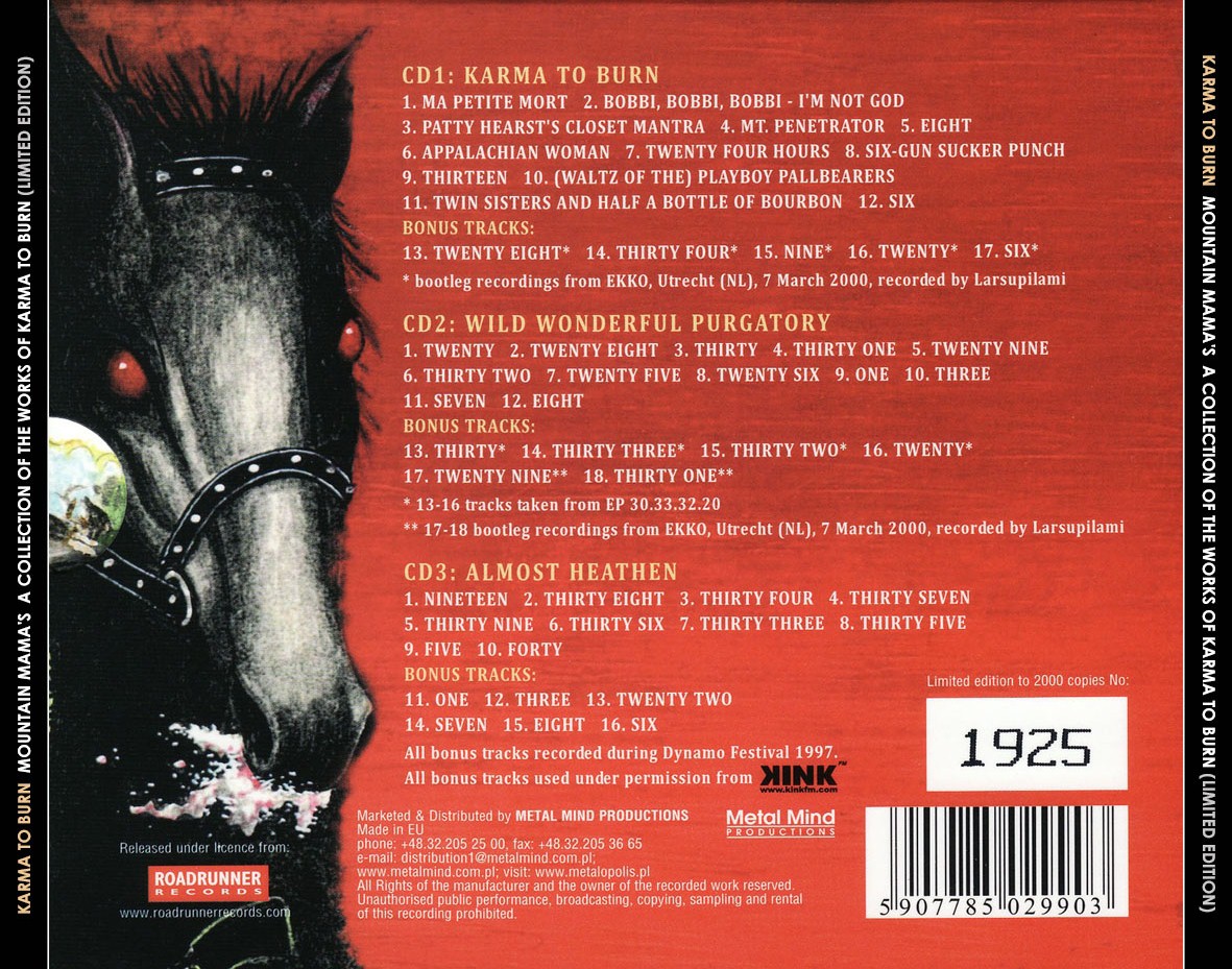 Cartula Trasera de Karma To Burn - Mountain Mama's: A Collection Of The Works Of Karma To Burn (Limited Edition)