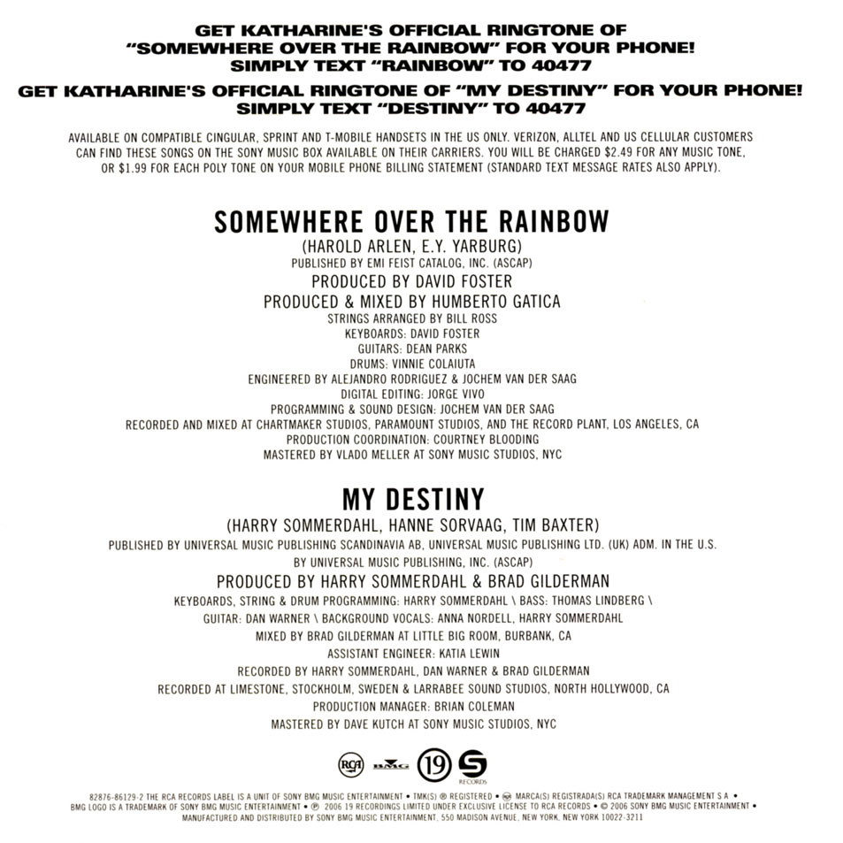 Cartula Interior Frontal de Katharine Mcphee - Somewhere Over The Rainbow / My Destiny (Cd Single)