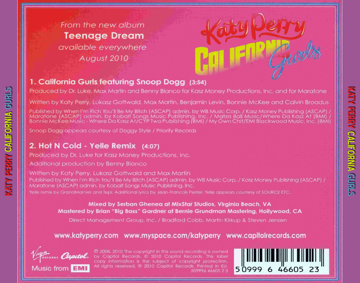 Cartula Trasera de Katy Perry - California Gurls (Cd Single)