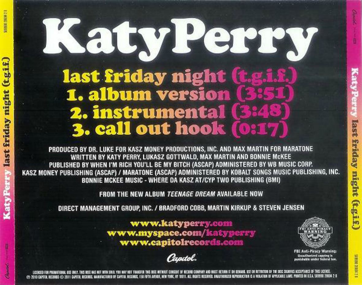 Cartula Trasera de Katy Perry - Last Friday Night (Cd Single)