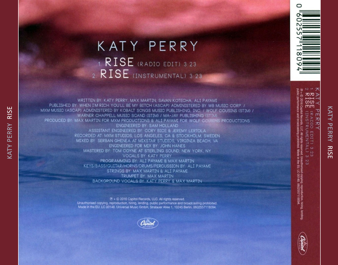 Cartula Trasera de Katy Perry - Rise (Cd Single)
