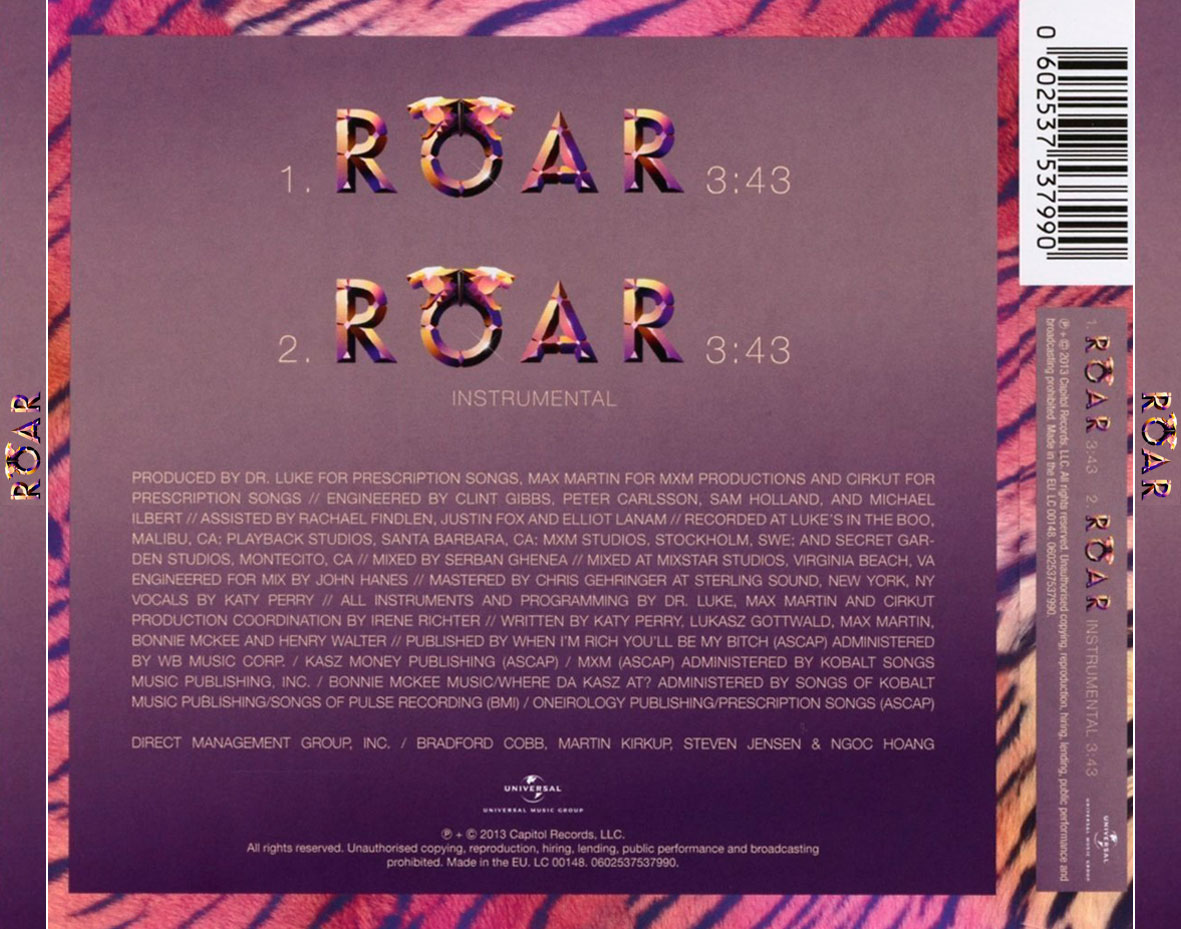Cartula Trasera de Katy Perry - Roar (Cd Single)