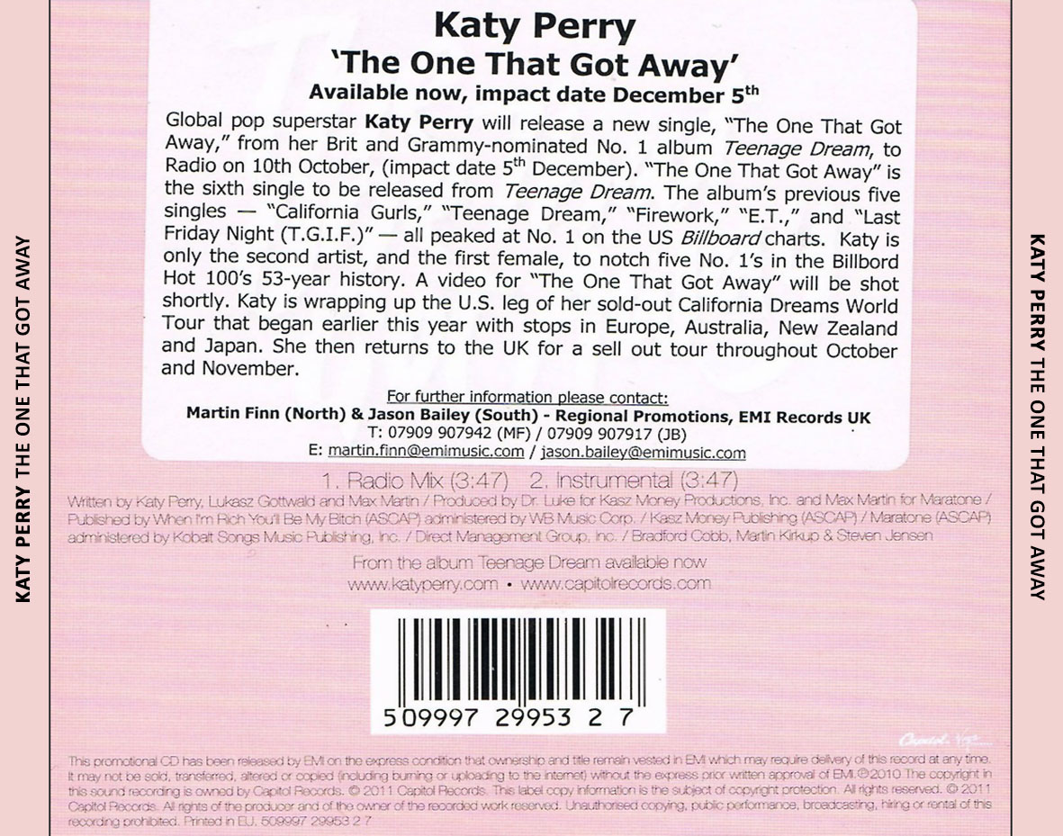 Cartula Trasera de Katy Perry - The One That Got Away (Cd Single)