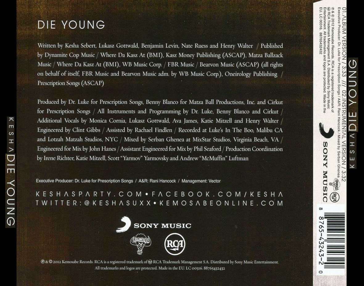 Cartula Trasera de Ke$ha - Die Young (Cd Single)
