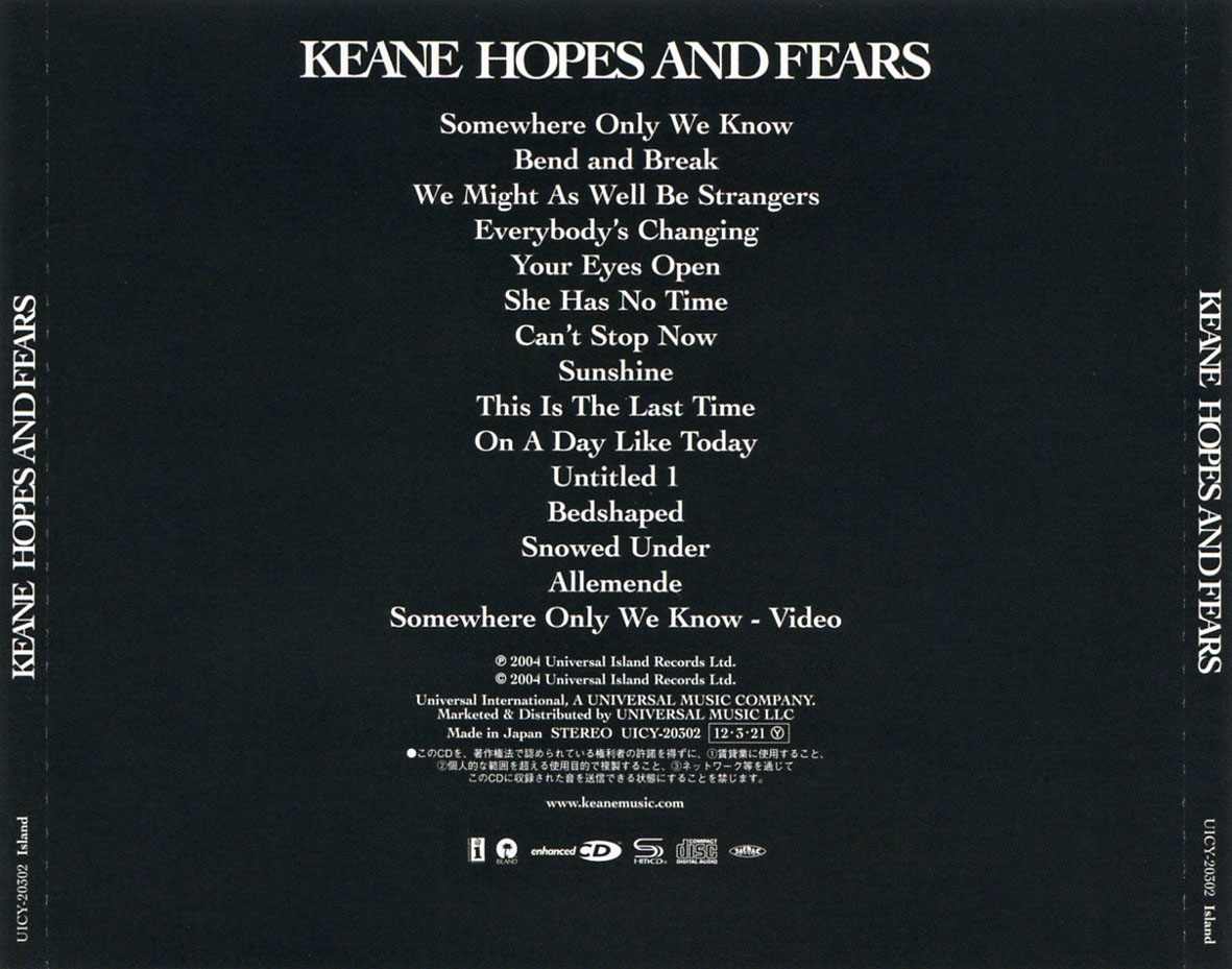 Cartula Trasera de Keane - Hopes And Fears (Japanese Edition)