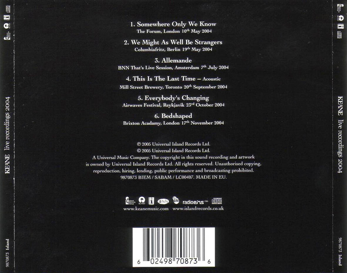 Cartula Trasera de Keane - Live Recordings 2004