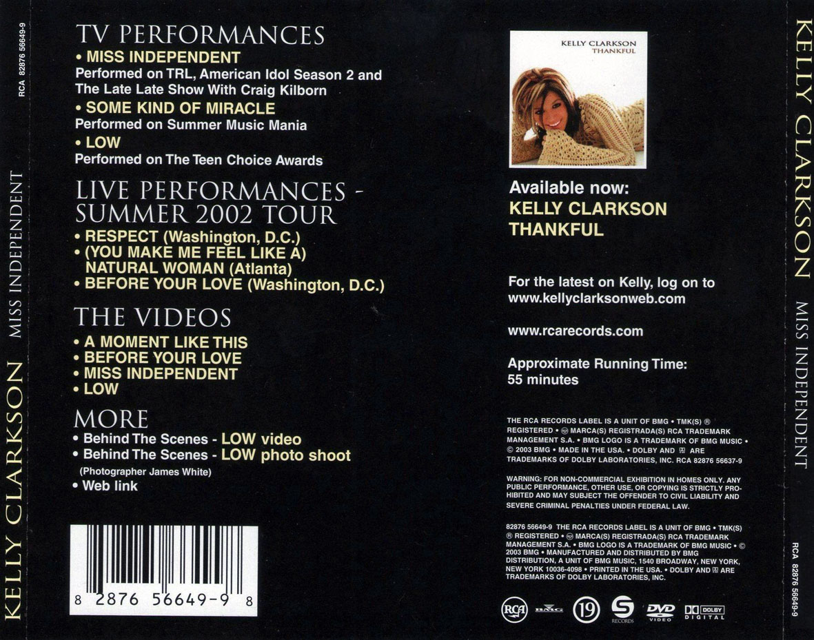 Cartula Trasera de Kelly Clarkson - Miss Independent (Dvd)