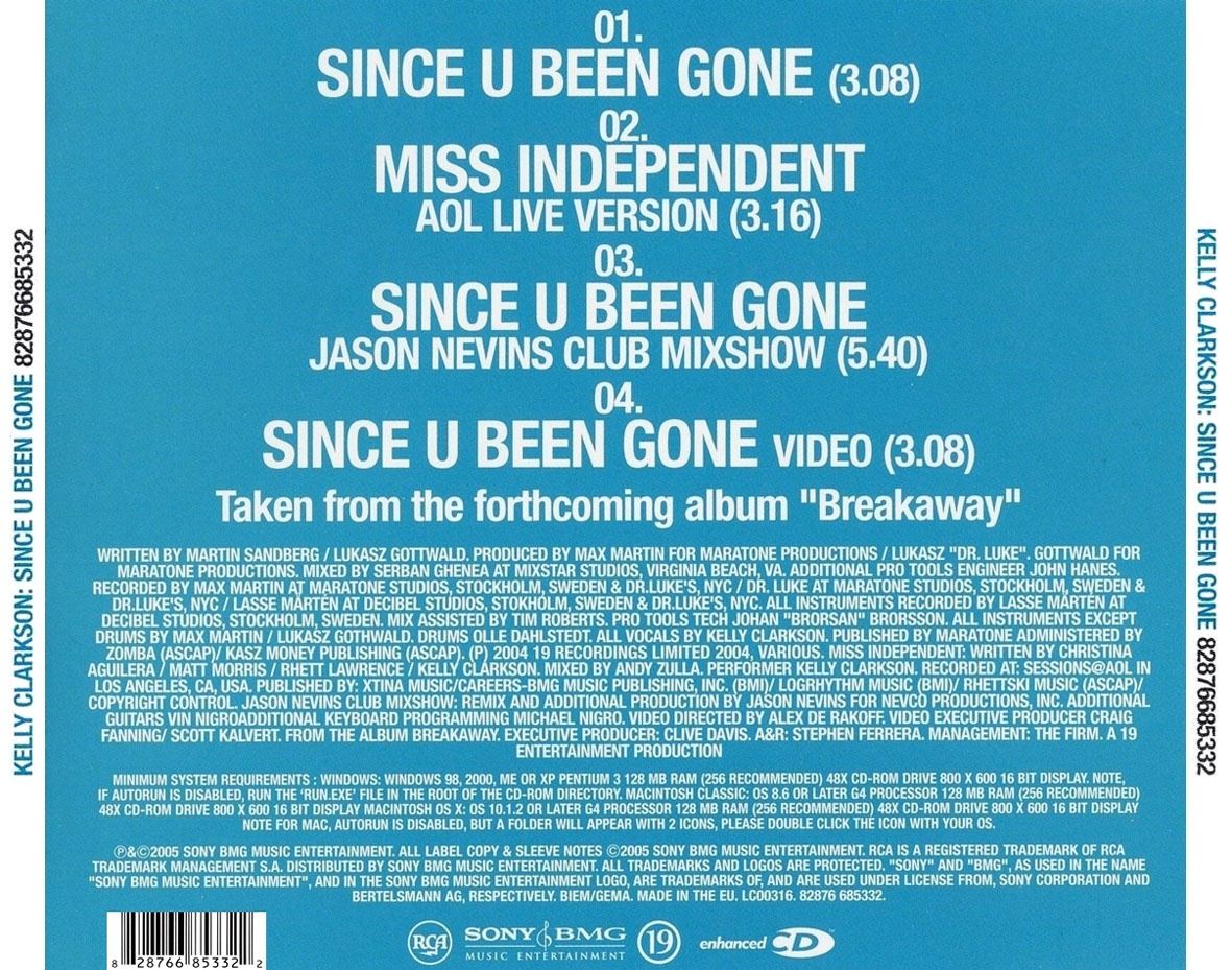 Cartula Trasera de Kelly Clarkson - Since U Been Gone Cd3 (Cd Single)