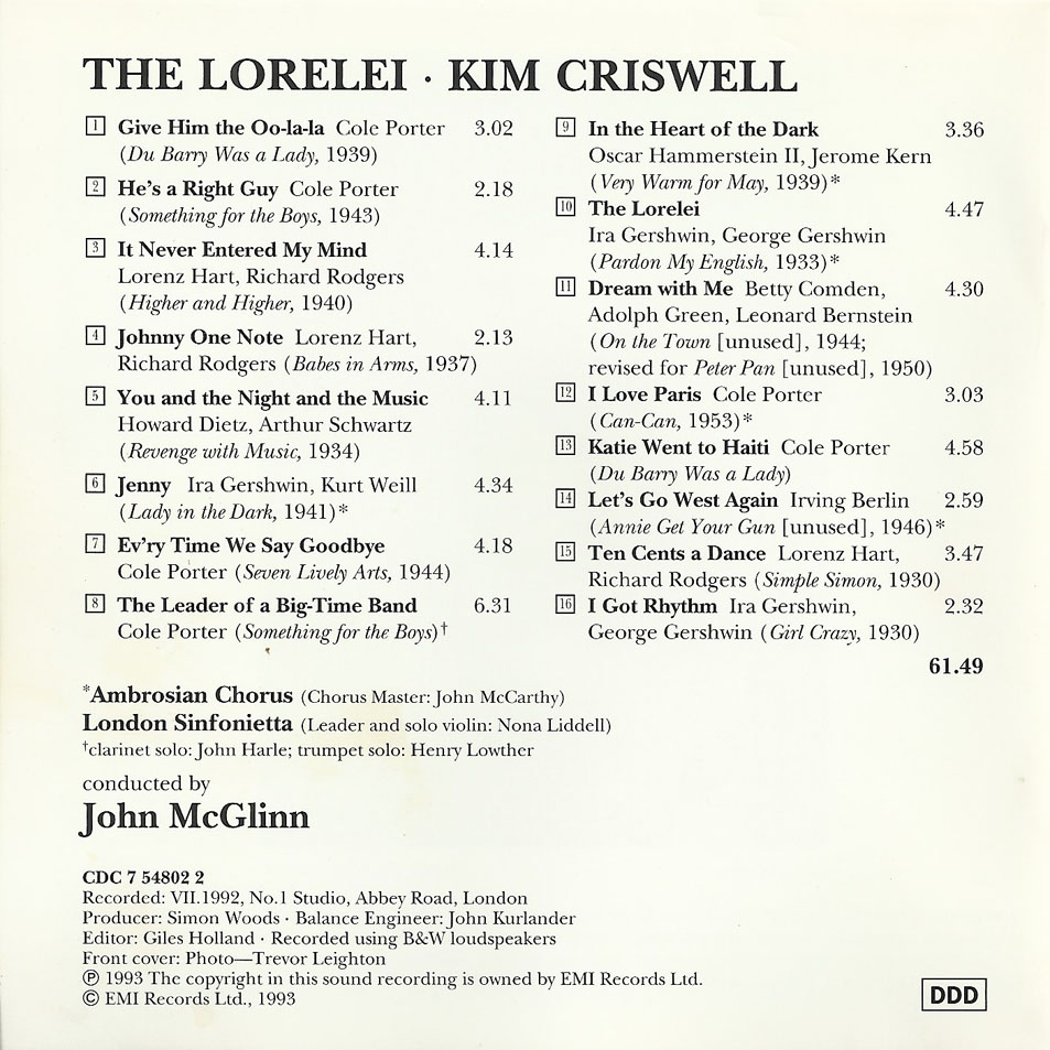 Cartula Interior Frontal de Kim Criswell - The Lorelei
