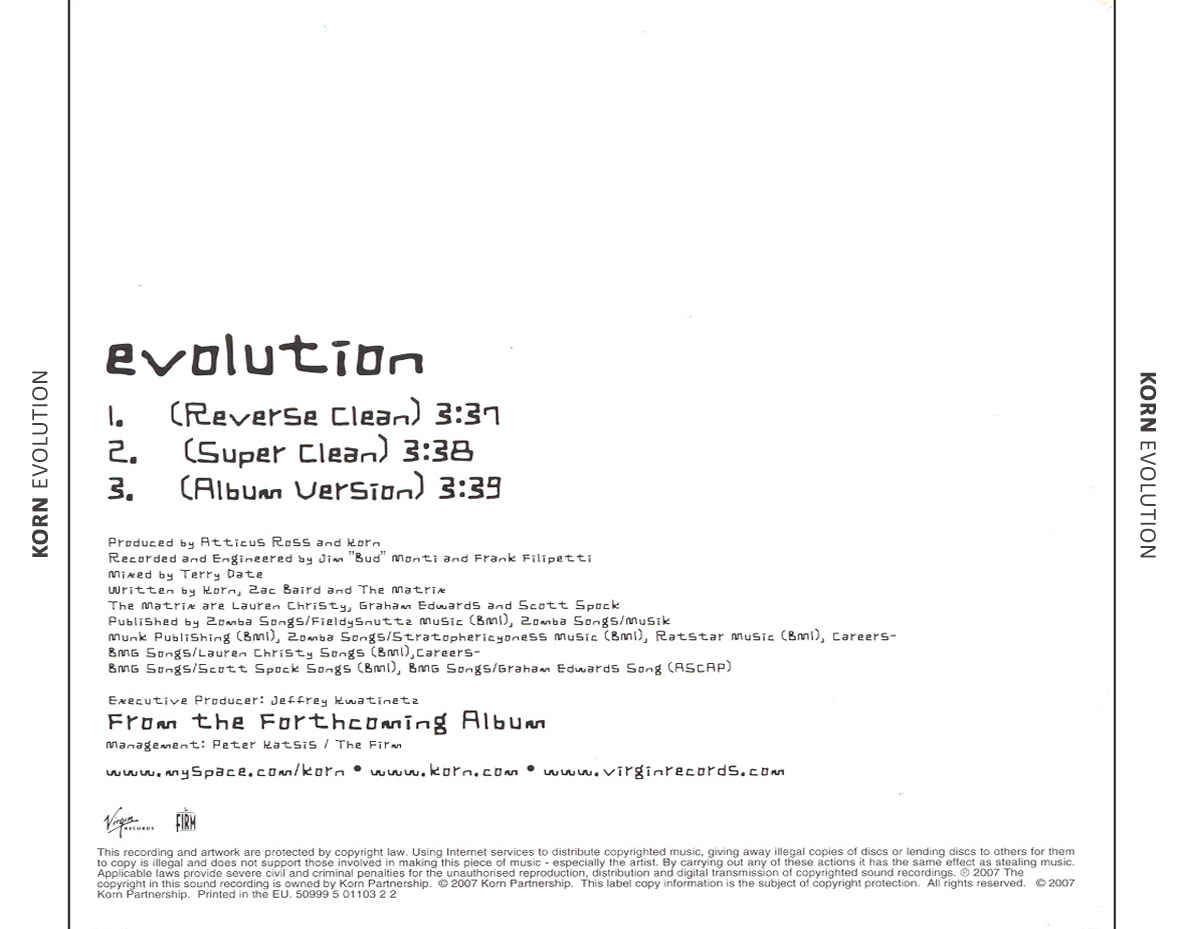 Cartula Trasera de Korn - Evolution (Cd Single)