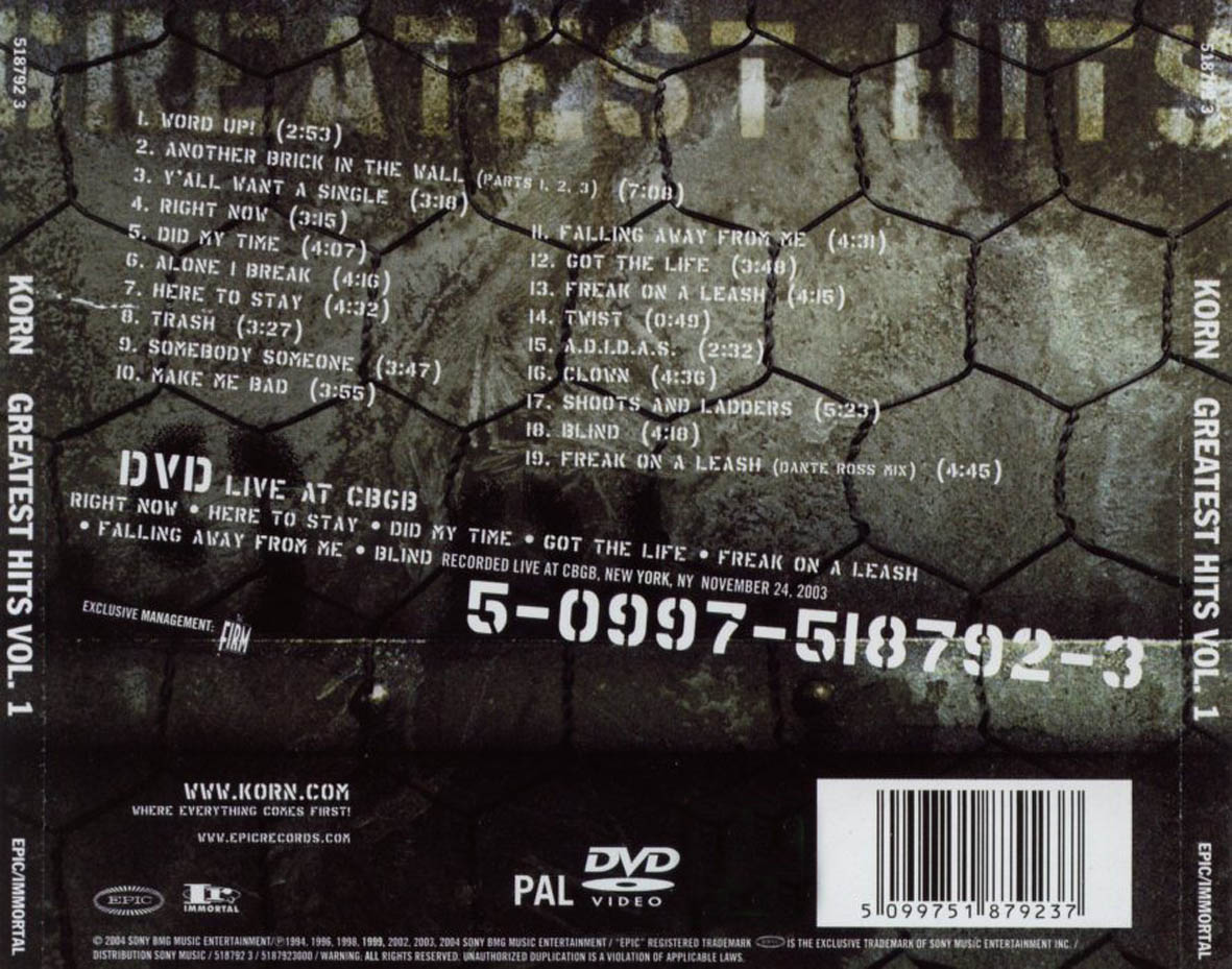 Cartula Trasera de Korn - Greatest Hits Volume 1