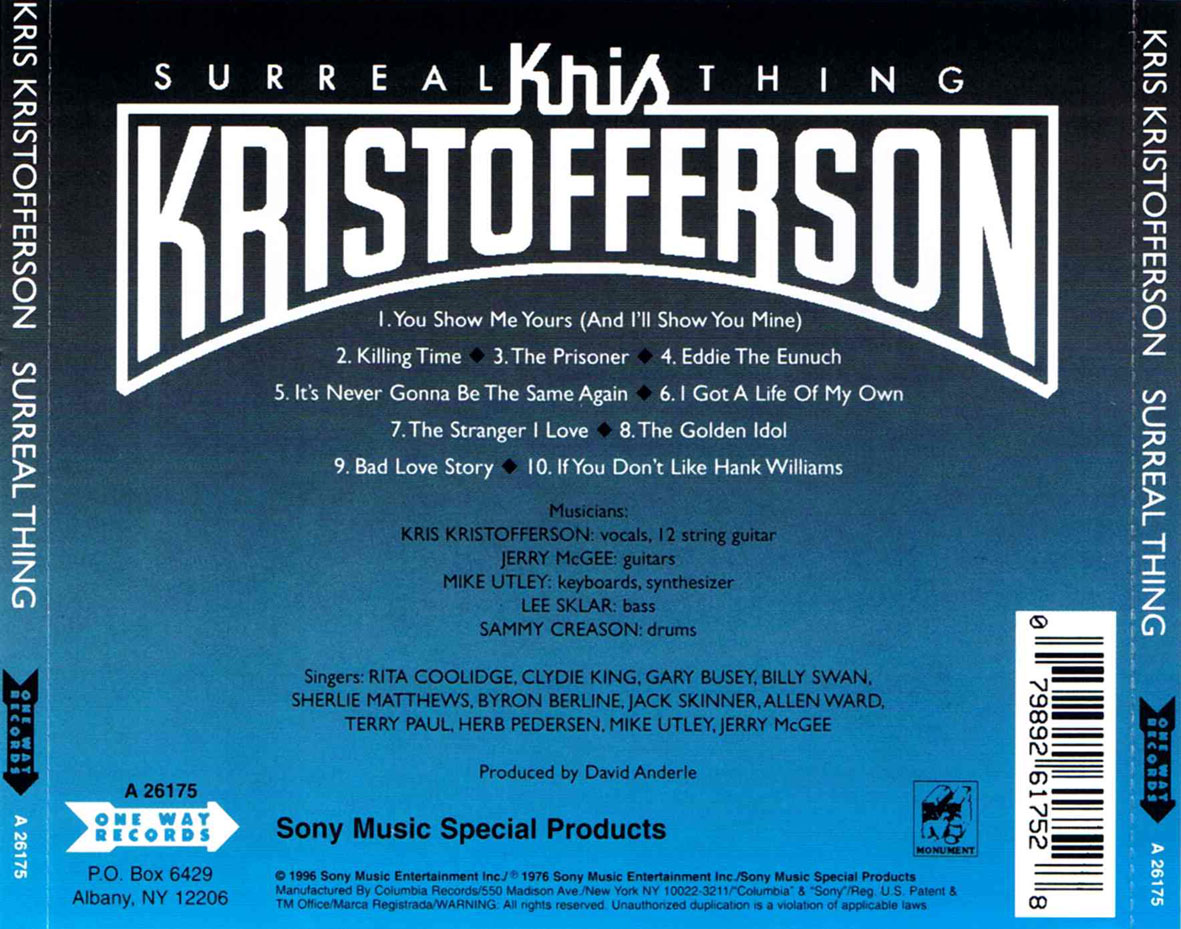 Cartula Trasera de Kris Kristofferson - Surreal Thing