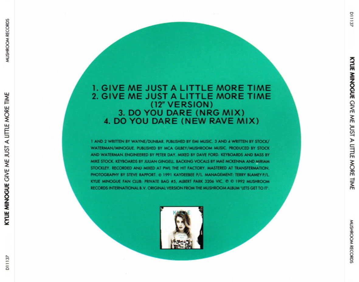 Cartula Trasera de Kylie Minogue - Give Me Just A Little More Time (Cd Single)